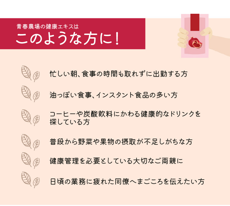 青春農場の健康エキスはこのような方に！